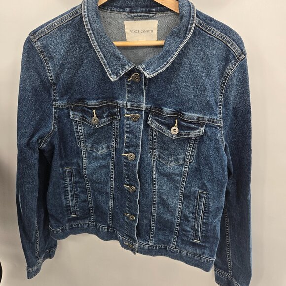 Vince Camuto Blue Denim Medium Wash Button Front Shorter Fit Trucker Jacket XL - Picture 1 of 12